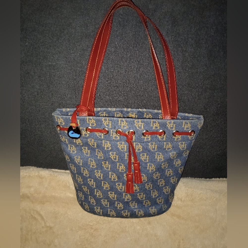 Dooney & Bourke Denim Logo Tote with Brown Leather Trim